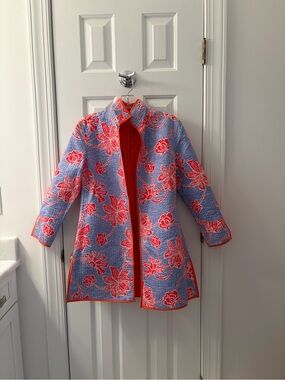 REVERSIBLE Floral Textured Coat in Blue & Coral